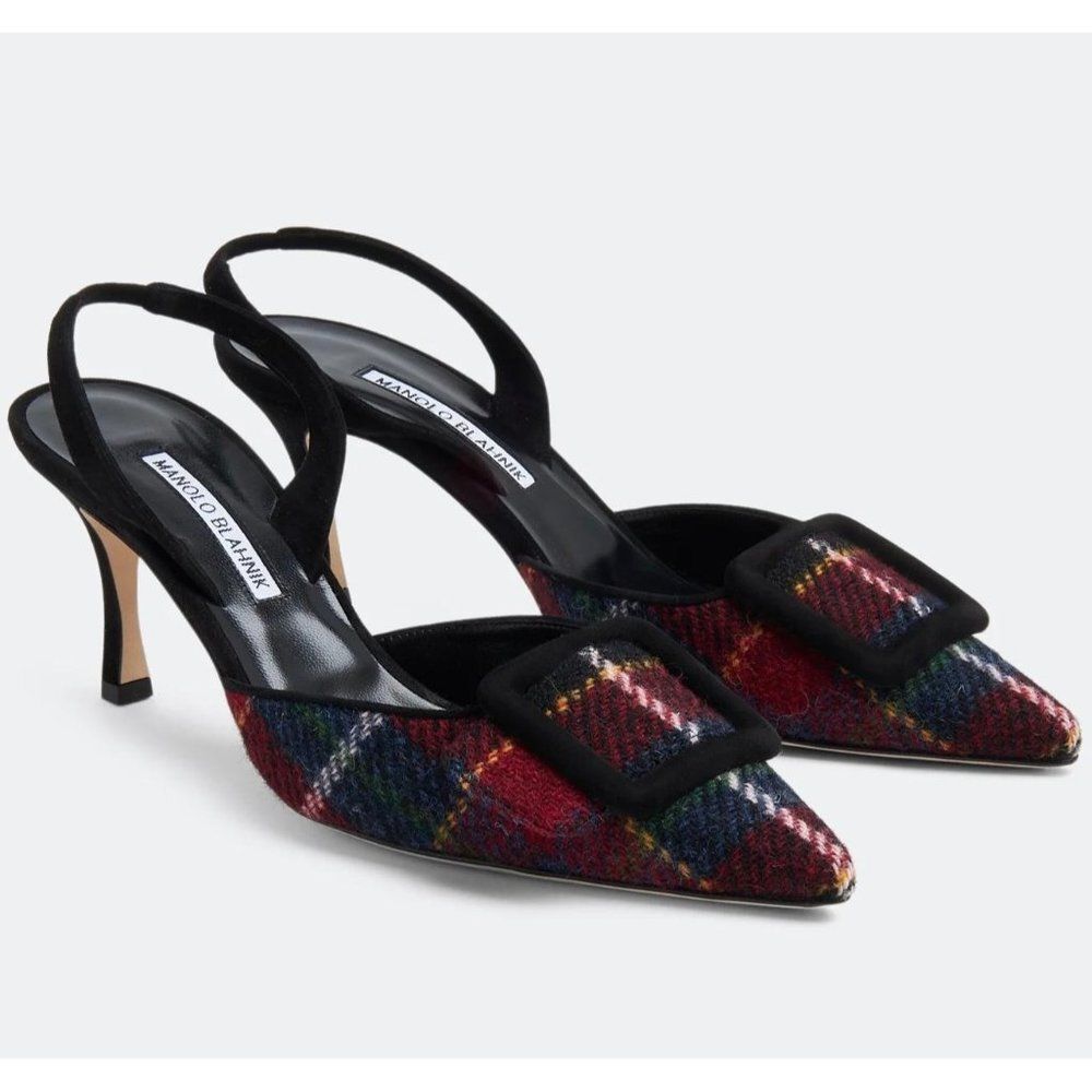 MANOLO BLAHNIK Maysale Red & Green Plaid Slingback Stiletto Sandals Size… - Picture 1 of 12